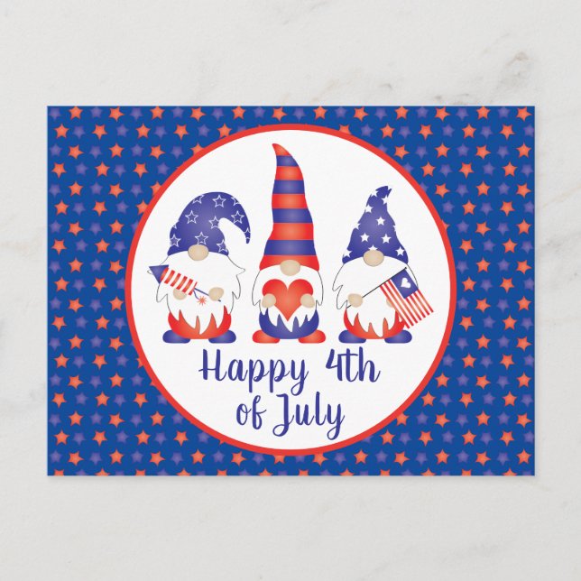 Postal Feliz 4 de julio de gnomos azul rojo blanco (Anverso)