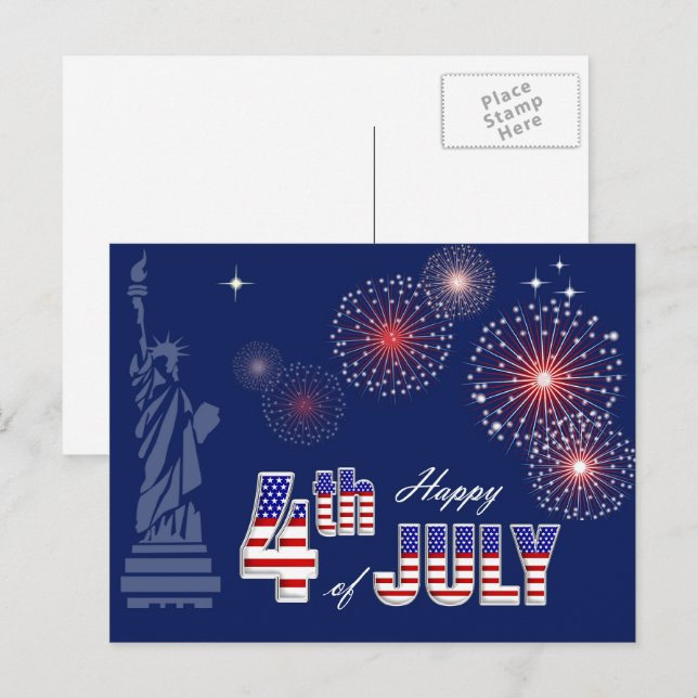 Postal Feliz 4 de julio. Estatua de la libertad y fuegos  (Anverso / Reverso)