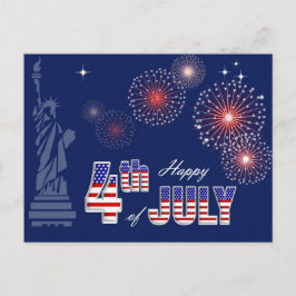 Postal Feliz 4 de julio. Estatua de la libertad y fuegos 