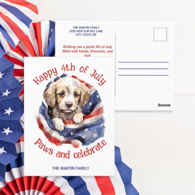 Postal Feliz 4 de julio, la bandera estadounidense de los (Happy 4th of July American flag and puppy greeting postcard )