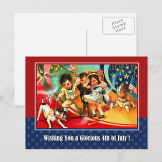 Postal Feliz 4 de julio. Niños de época