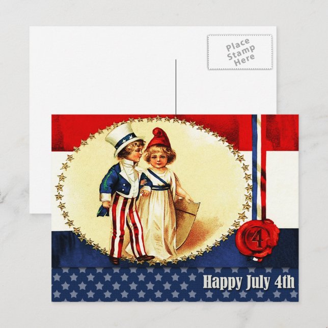 Postal Feliz 4 de julio. Niños patrióticos de época (Anverso / Reverso)