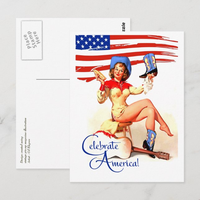 Postal Feliz 4 de julio. Pin-up retro (Anverso / Reverso)