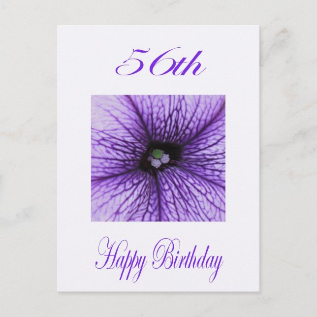 Postal Feliz 56º cumpleaños morado florecimiento (Anverso)