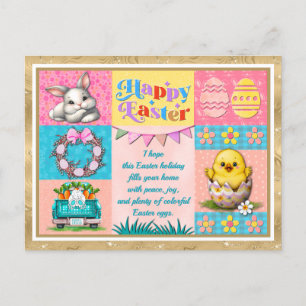 Postal Feliz Alegría de Pascua con Bunny, Chick, Huevos y