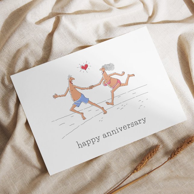 Postal Feliz aniversario Boda Pareja Playa Corazón Rojo (Subido por el creador)