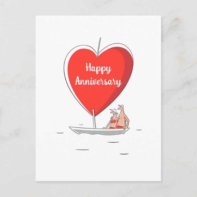 Postal Feliz aniversario de Boda Sailboat Red Heart Card (Anverso)