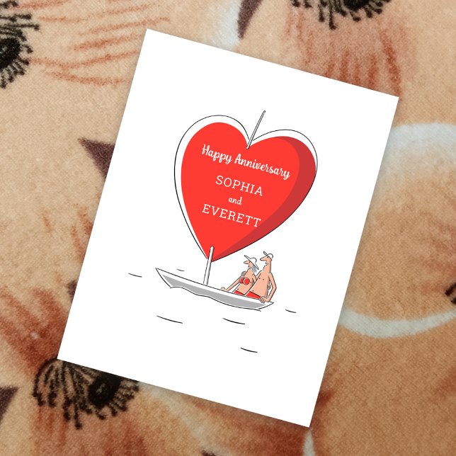 Postal Feliz aniversario de Boda Sailboat Red Heart Card (Subido por el creador)