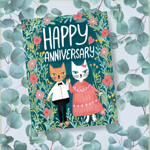 Postal Feliz aniversario Pareja Perfecta Gatos Floral