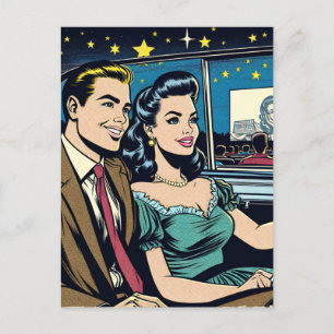 Postal Feliz Aniversario   Pareja Retro en la Película de