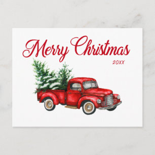 Postal Feliz Año de Camión Rojo Vintage de Navidad
