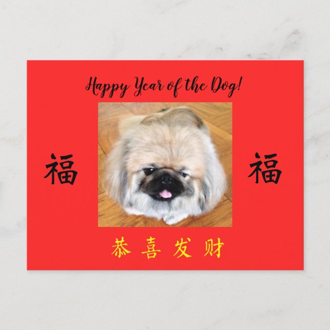 Postal feliz año del perro Pekingese CNY (Anverso)