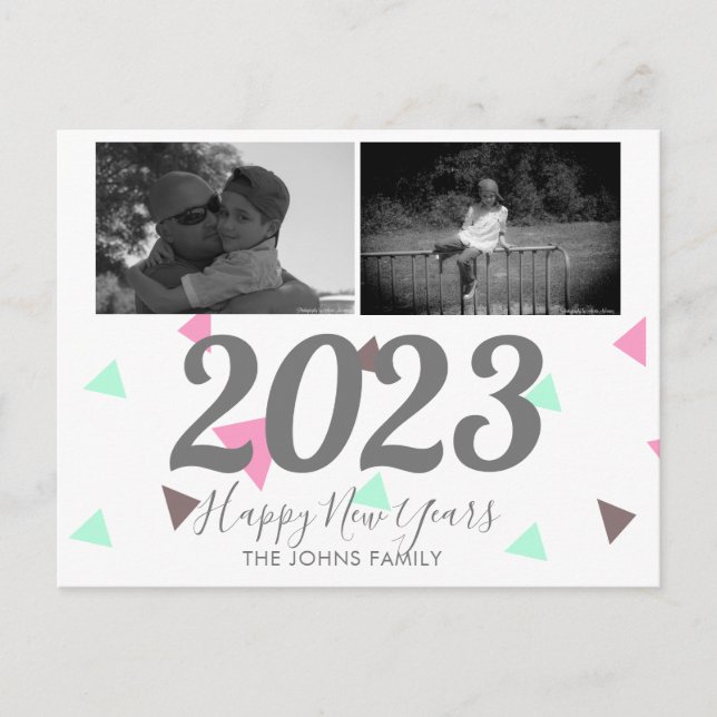 Postal Feliz Año Nuevo 2023 Confeti Rosa Simple (Anverso)