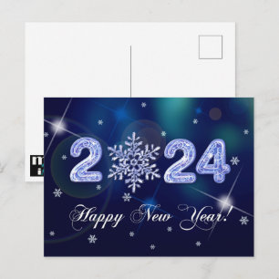 Postal Feliz Año Nuevo 2024. Copos de nieve y números de 