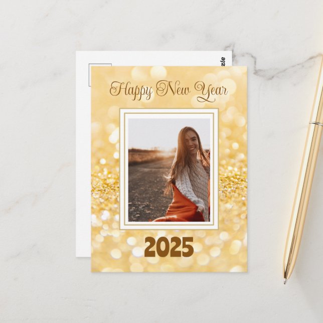 Postal Feliz Año Nuevo 2025 Elegante Purpurina de Oro (Anverso/Reverso In Situ)