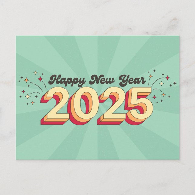Postal Feliz Año Nuevo 2025 tipografía de estilo retro (Anverso)