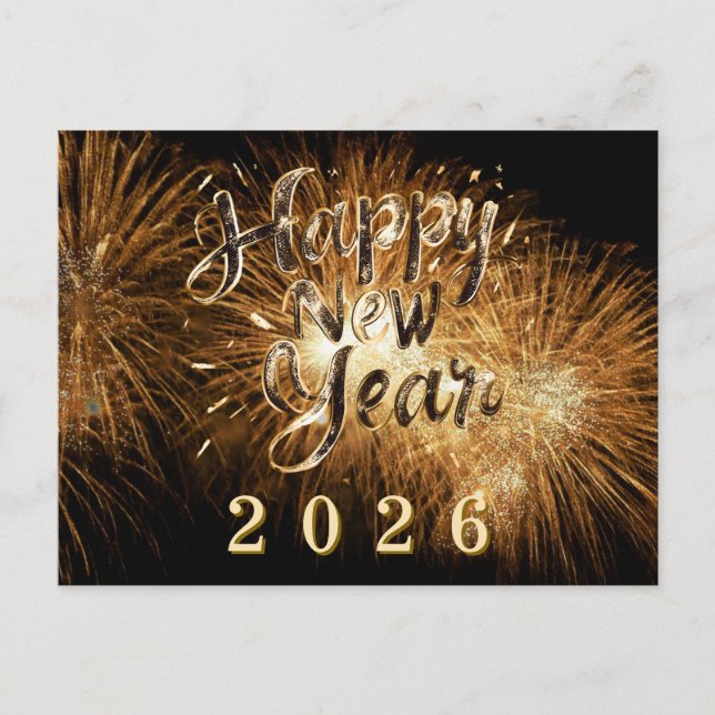 Postal Feliz año nuevo 2026 detalles dorados fuegos artif (Anverso)