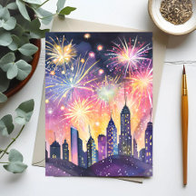 Feliz Año Nuevo | Acuarela nocturna de la ciudad d