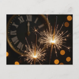 Postal Feliz Año Nuevo Bengalas En Un Reloj De Medianoche