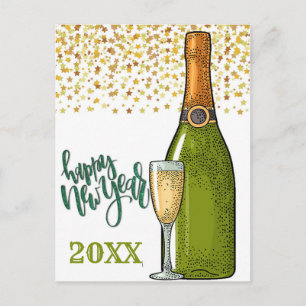 Postal Feliz Año Nuevo Champagne y estrellas del oro