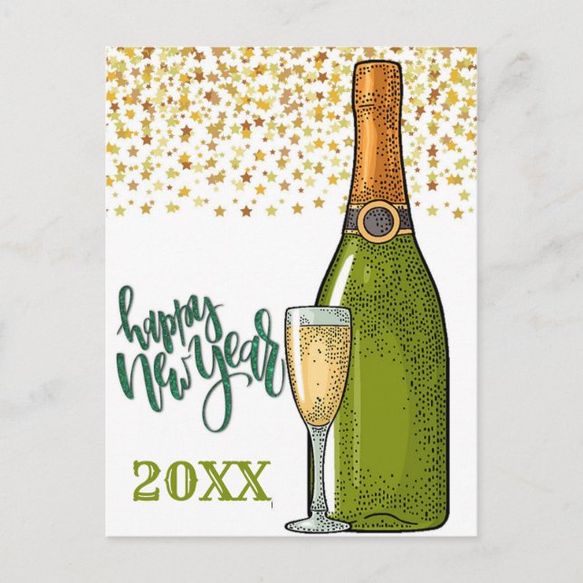 Postal Feliz Año Nuevo Champagne y estrellas del oro (Anverso)