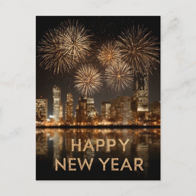 Postal "Feliz Año Nuevo" con fuegos artificiales en una c (Anverso)