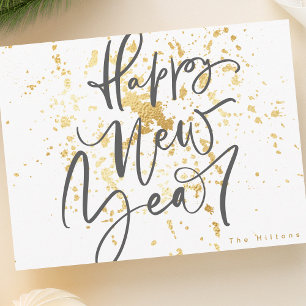 Postal Feliz Año Nuevo con texto escrito a mano en gris