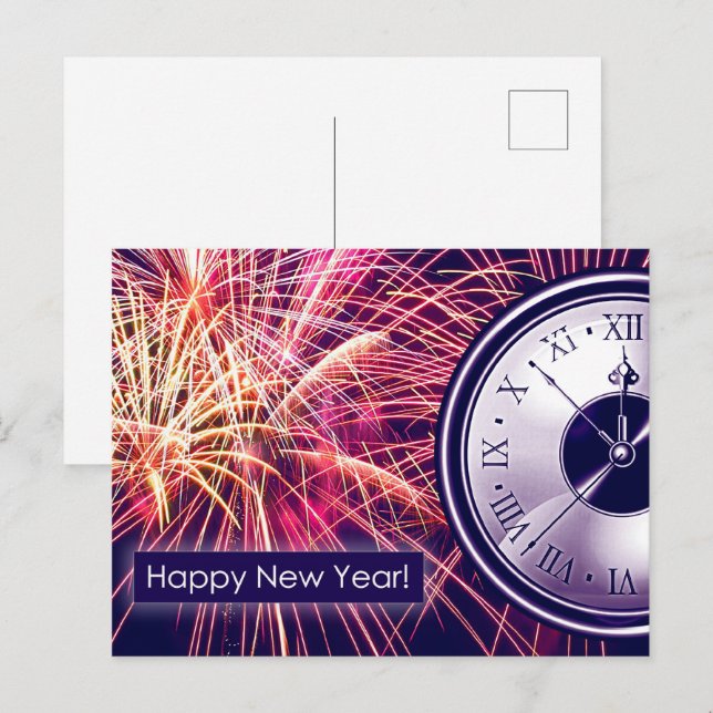 Postal Feliz Año Nuevo. Cuenta regresiva y fuegos artific (Anverso / Reverso)