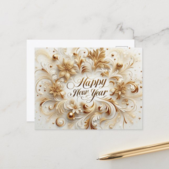 Postal Feliz Año Nuevo dorado elegante (Anverso/Reverso In Situ)