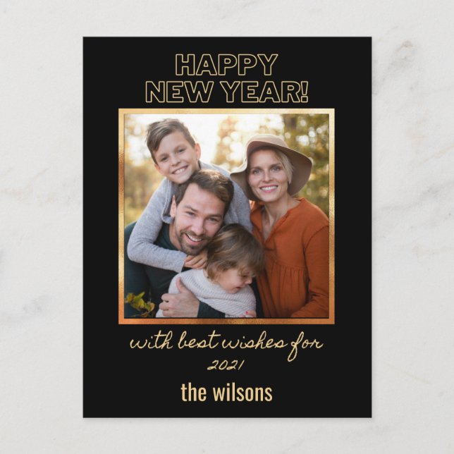 Postal feliz año nuevo foto de clase negra y dorada (Anverso)