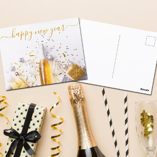 Postal Feliz Año Nuevo Moda Oro Champagne Streamers