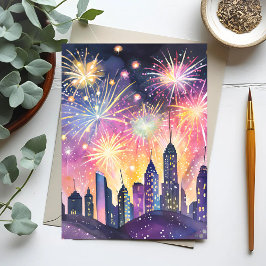 Postal Feliz Año Nuevo | Noche de Ciudad de Fuegos Artifi