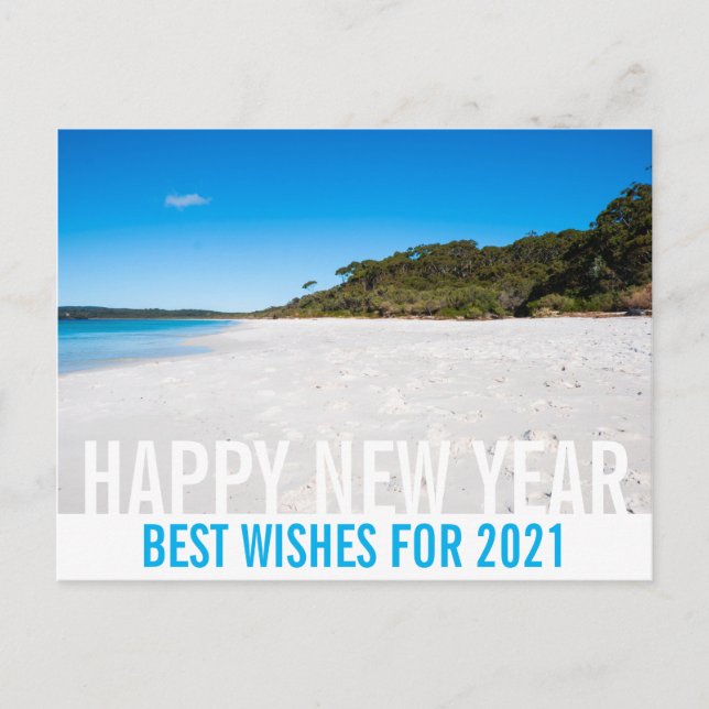 Postal Feliz Año Nuevo paraíso del paisaje playero en Aus (Anverso)