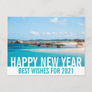 Postal Feliz Año Nuevo paraíso del paisaje playero en Aus
