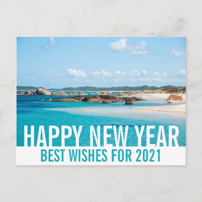 Postal Feliz Año Nuevo paraíso del paisaje playero en Aus (Anverso)