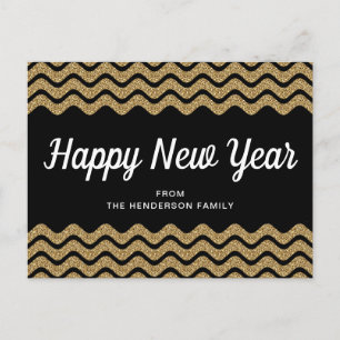 Postal Feliz año nuevo Purpurina de oro Black Chevron Str