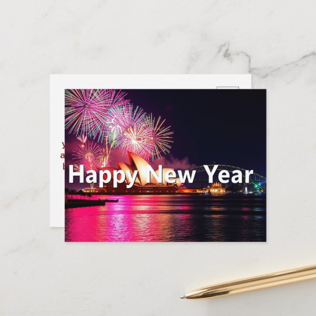 Postal Feliz Año Nuevo Sídney Noche de Australia (Anverso/Reverso In Situ)