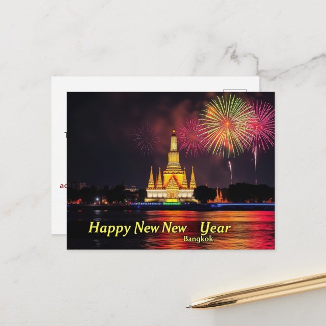 Postal Feliz Año Nuevo Templo del Amanecer Wat Arun Bangk (Anverso/Reverso In Situ)