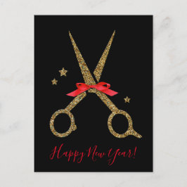Postal Feliz Año Nuevo: Tijeras SALON de pelo dorado