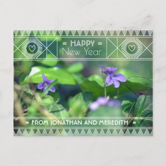 Postal Feliz Año Nuevo Violeta Verde Morado Floral Art De (Anverso)