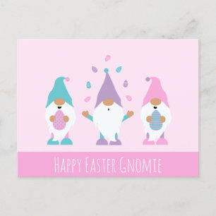 Postal Feliz Año Pascua Gnomie jadeando huevos de Pascua