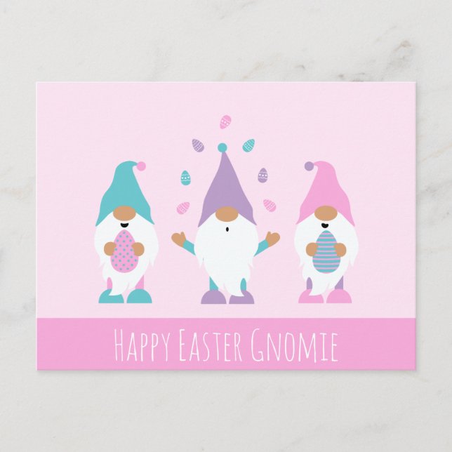 Postal Feliz Año Pascua Gnomie jadeando huevos de Pascua (Anverso)