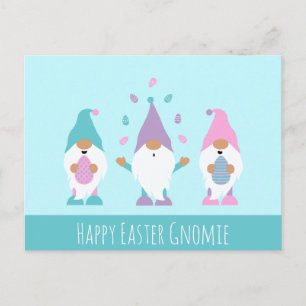 Postal Feliz Año Pascua Gnomie jadeando huevos de Pascua