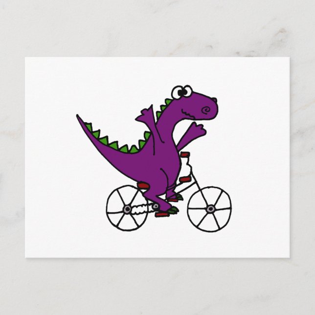 Postal Feliz Bicicleta de Dinosaurio Púrpura (Anverso)
