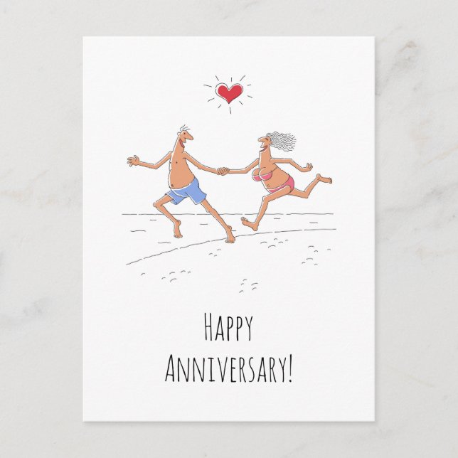Postal Feliz Boda Aniversario Corazón de Pareja Playa (Anverso)