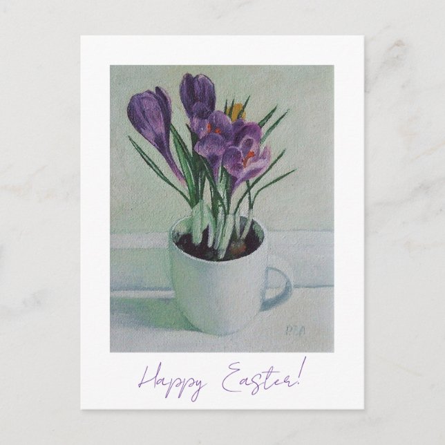 Postal Feliz bonito de Pascua crocus púrpura arte floral (Anverso)