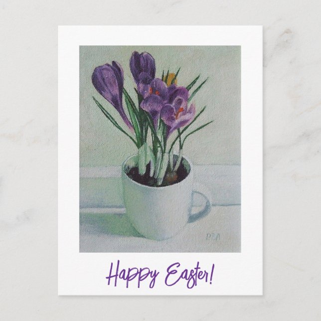 Postal Feliz bonito de Pascua crocus púrpura arte floral (Anverso)