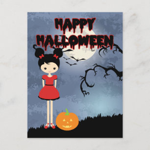 Postal Feliz Bruja de la Cuidad de Halloween en rojo con 