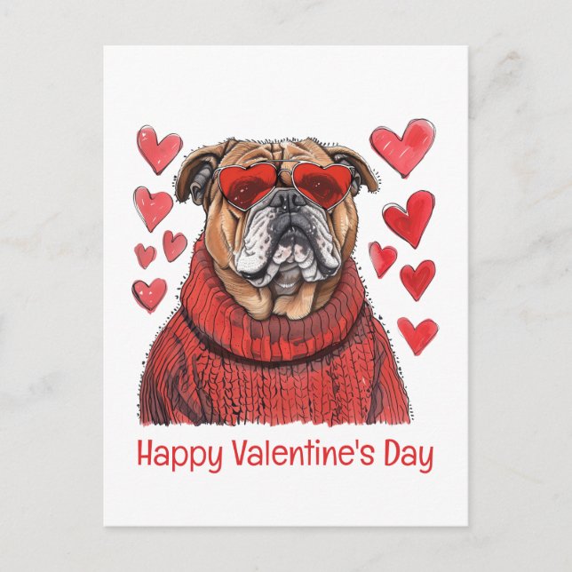 Postal Feliz Bulldog en inglés de San Valentín (Anverso)