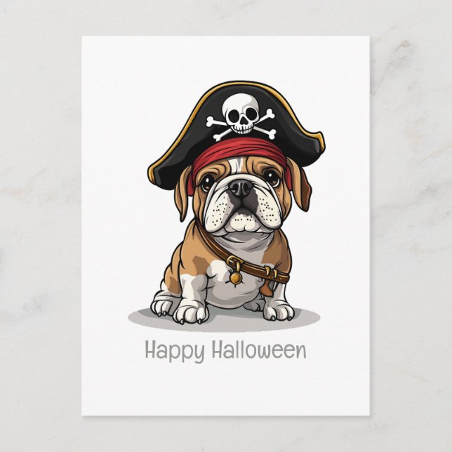 Postal Feliz Bulldog en inglés pirata de Halloween (Anverso)